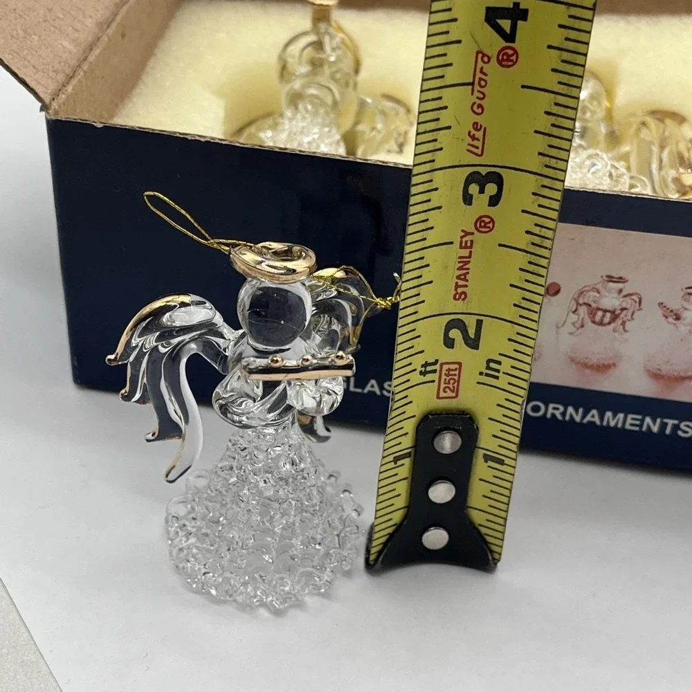 New in Box VTG Hand Blown Spun Glass Angel Christmas Ornaments Gold Trim